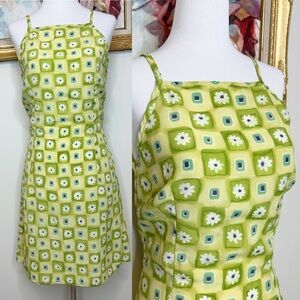 Vintage 90s Y2K Lime Green Checkered Funky Floral Daisy Mini Dress